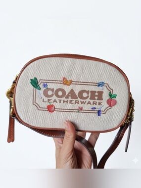 Coach Leatherware Embroidered Veggie Garden Canvas Crossbody Bag Beige & Brown